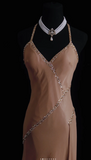 Spaghetti Strap Sheath Long Prom Dresses Beaded Satin Vintage Champagne Evening Gowns HZ1024
