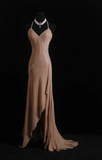 Spaghetti Strap Sheath Long Prom Dresses Beaded Satin Vintage Champagne Evening Gowns HZ1024