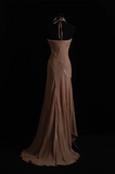Spaghetti Strap Sheath Long Prom Dresses Beaded Satin Vintage Champagne Evening Gowns HZ1024