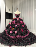 Spaghetti Strap Ball Gown Tulle Long Prom Dresses Applique Black Quinceanera Dresses Sweet 16 Dress HZ1024