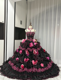 Spaghetti Strap Ball Gown Tulle Long Prom Dresses Applique Black Quinceanera Dresses Sweet 16 Dress HZ1024