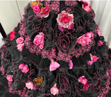 Spaghetti Strap Ball Gown Tulle Long Prom Dresses Applique Black Quinceanera Dresses Sweet 16 Dress HZ1024