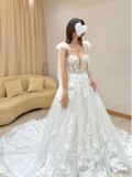 Off-the-shoulder A-Line Long Wedding Dresses Applique Tulle White Bridal Gowns HZ1024