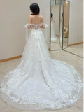 Off-the-shoulder A-Line Long Wedding Dresses Applique Tulle White Bridal Gowns HZ1024