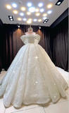 Off-the-shoulder Ball Gown Beaded Long Wedding Dresses Tulle White Bridal Gowns Short Sleeve Bridal Dresses HZ1024