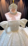 Off-the-shoulder Ball Gown Beaded Long Wedding Dresses Tulle White Bridal Gowns Short Sleeve Bridal Dresses HZ1024