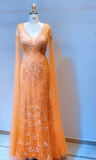 V-neck Sheath Long Prom Dresses Sequined Tulle Orange Formal Dresses Elegant V-neck Sheath Long Prom Dresses Sequin Tulle Orange Formal Dresses Long Sleeve Mother of the Bride Dresses HZ1024