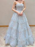Strapless A-Line Long Prom Dresses Tulle Ice Blue Formal Dresses Birthday Dresses HZ1024