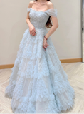 Strapless A-Line Long Prom Dresses Tulle Ice Blue Formal Dresses Birthday Dresses HZ1024