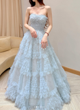 Strapless A-Line Long Prom Dresses Tulle Ice Blue Formal Dresses Birthday Dresses HZ1024