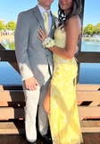 Spaghetti Strap Sheath Long Prom Dresses Applique Tulle Yellow Evening Dresses with Slits HZ1024