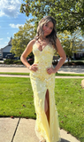 Spaghetti Strap Sheath Long Prom Dresses Applique Tulle Yellow Evening Dresses with Slits HZ1024