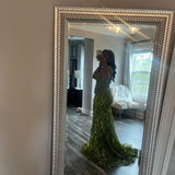 Strapless Sheath Long Prom Dresses Applique Sequin Tulle Olive Green Bithday Dresses HZ1024