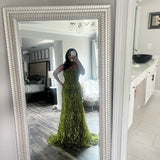 Strapless Sheath Long Prom Dresses Applique Sequin Tulle Olive Green Bithday Dresses HZ1024