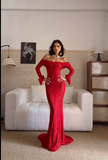 Off-the-shoulder Sheath Long Prom Dresses, Lace Burgundy Long Birthday Dresses, Long-sleeved Burgundy Formal Dresses HZ1024
