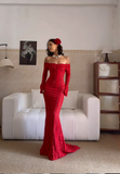 Off-the-shoulder Sheath Long Prom Dresses, Lace Burgundy Long Birthday Dresses, Long-sleeved Burgundy Formal Dresses HZ1024