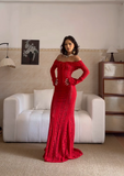 Off-the-shoulder Sheath Long Prom Dresses, Lace Burgundy Long Birthday Dresses, Long-sleeved Burgundy Formal Dresses HZ1024