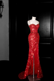 Spaghetti Strap Sheath Long Prom Dresses, Sequined Burgundy Long Birthday Dresses, Slit Formal Dresses HZ1024