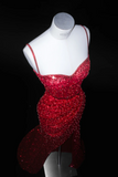 Spaghetti Strap Sheath Long Prom Dresses, Sequined Burgundy Long Birthday Dresses, Slit Formal Dresses HZ1024