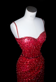 Spaghetti Strap Sheath Long Prom Dresses, Sequined Burgundy Long Birthday Dresses, Slit Formal Dresses HZ1024