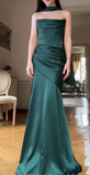 Strapless Sheath Dark Green Long Evening Dresses Satin Dark Green Long Birthday Dresses HZ1024