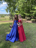 Strapless A-line Blue Long Prom Dresses Shimmering Satin Blue Long Birthday Dresses HZ1024