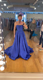 Strapless A-line Blue Long Prom Dresses Shimmering Satin Blue Long Birthday Dresses HZ1024