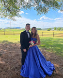 Strapless A-line Blue Long Prom Dresses Shimmering Satin Blue Long Birthday Dresses HZ1024