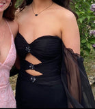Off-the-shoulder Sheath Black Long Prom Dresses Chiffon Black Party Dresses with Slits HZ1024