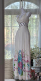 V-neck Sheath White Evening Dresses Printed Chiffon White Party Dresses with Open Back HZ1024