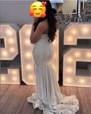 V-neck Mermaid Light Grey Long Prom Dresses Rhinestone Light Grey Evening Dresses HZ1024