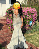 V-neck Mermaid Light Grey Long Prom Dresses Rhinestone Light Grey Evening Dresses HZ1024