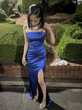 Spaghetti Strap Sheath Blue Long Prom Dresses with Open Back Satin Blue Slit Long Birthday Dresses HZ1024