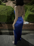 Spaghetti Strap Sheath Blue Long Prom Dresses with Open Back Satin Blue Slit Long Birthday Dresses HZ1024