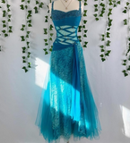 Strap A-Line Blue Long Prom Dresses Beaded Lace Blue Formal Dresses HZ1024