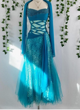 Strap A-Line Blue Long Prom Dresses Beaded Lace Blue Formal Dresses HZ1024