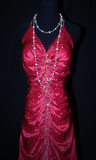 V-neck Sheath Hot Pink Long Prom Dresses Beaded Satin Hot Pink Evening Dresses HZ1024