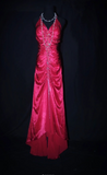 V-neck Sheath Hot Pink Long Prom Dresses Beaded Satin Hot Pink Evening Dresses HZ1024