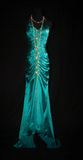 V-neck Sheath Turquoise Long Prom Dresses Beaded Satin Turquoise Evening Dresses HZ1024