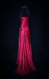 V-neck Sheath Hot Pink Long Prom Dresses Beaded Satin Hot Pink Evening Dresses HZ1024