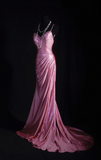 Spaghetti Strap Sheath Pink Long Prom Dresses Silk Pleated Pink Evening Dresses HZ1024