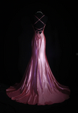 Spaghetti Strap Sheath Pink Long Prom Dresses Silk Pleated Pink Evening Dresses HZ1024