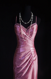 Spaghetti Strap Sheath Pink Long Prom Dresses Silk Pleated Pink Evening Dresses HZ1024