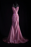 Spaghetti Strap Sheath Pink Long Prom Dresses Silk Pleated Pink Evening Dresses HZ1024