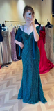 Spaghetti Strap Mermaid Teal Long Prom Dresses Tulle Beaded Teal Wedding Guest Dresses HZ1024