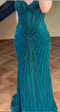 Spaghetti Strap Mermaid Teal Long Prom Dresses Tulle Beaded Teal Wedding Guest Dresses HZ1024
