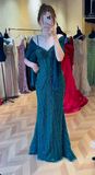 Spaghetti Strap Mermaid Teal Long Prom Dresses Tulle Beaded Teal Wedding Guest Dresses HZ1024