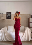 Spaghetti Strap Mermaid Burgundy Long Prom Dresses Chiffon Applique Burgundy Formal Dresses HZ1024