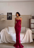 Spaghetti Strap Mermaid Burgundy Long Prom Dresses Chiffon Applique Burgundy Formal Dresses HZ1024