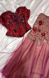 Two-Piece Corset Burgundy Prom Dresses Beaded Tulle Burgundy Formal Dresses HZ1024